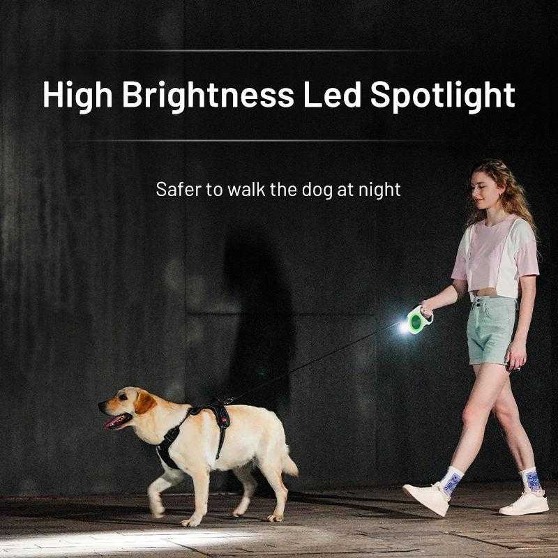 Custom Logo Brand Adjustable Extending Automatic Traction Heavy Duty Rope Lead Retractable Pet Dog Leash With Led Light