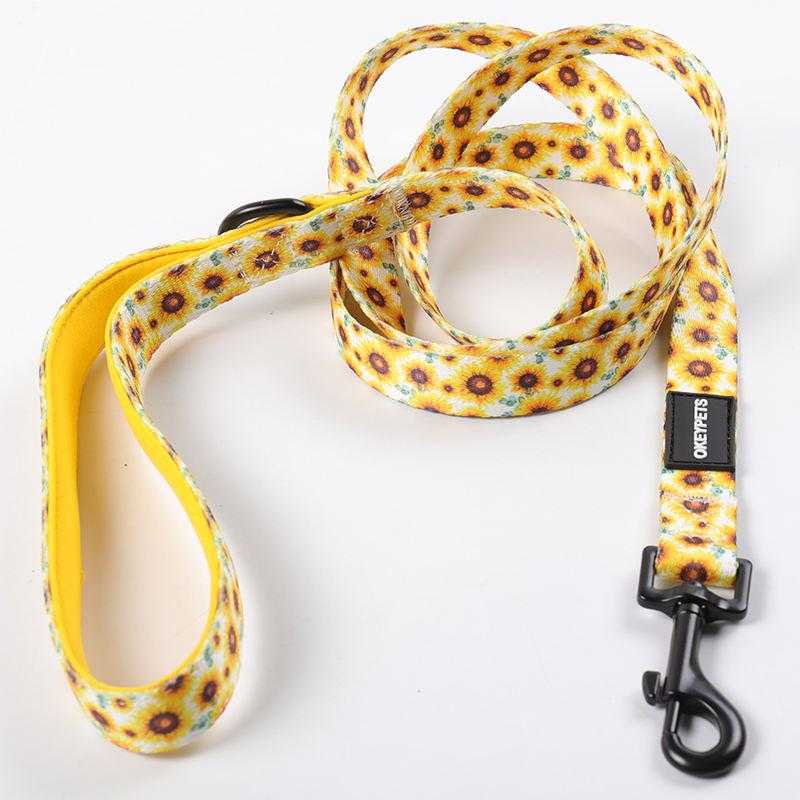 Private Label Pet Leash Custom Soft Sunflower Design Adjustable Sublimation Pattern Neoprene Dog Leash