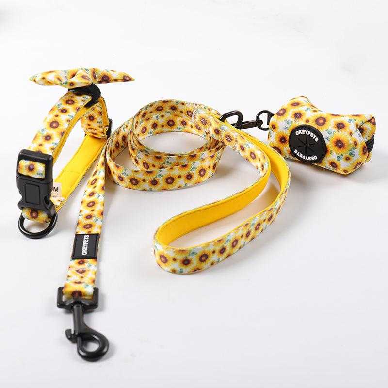 Private Label Pet Leash Custom Soft Sunflower Design Adjustable Sublimation Pattern Neoprene Dog Leash