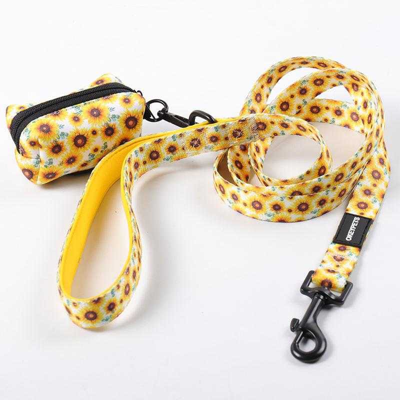 Private Label Pet Leash Custom Soft Sunflower Design Adjustable Sublimation Pattern Neoprene Dog Leash