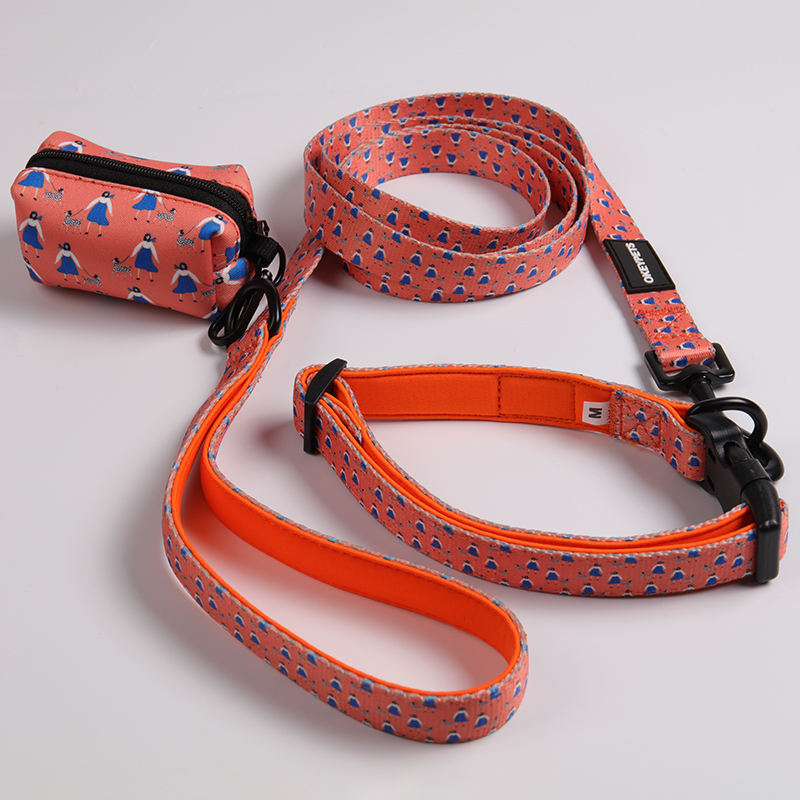 Colorful Comfortable Neoprene Padded Dog Collar Leash Set Adjustable With Durable Metal Buckle And Poop Bag Holder