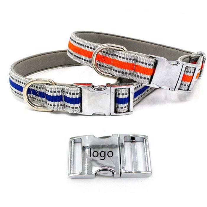 Fashion Design Custom Logo Reflective Nylon Dog Collar And Leash With Metal Buckle
