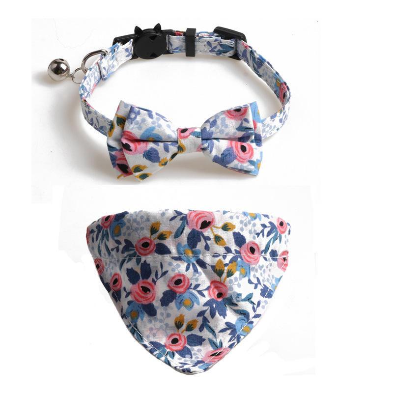 New Flower Two-piece Pet Collar With Bells Triangle Scarf Neck Bow Cat Collar