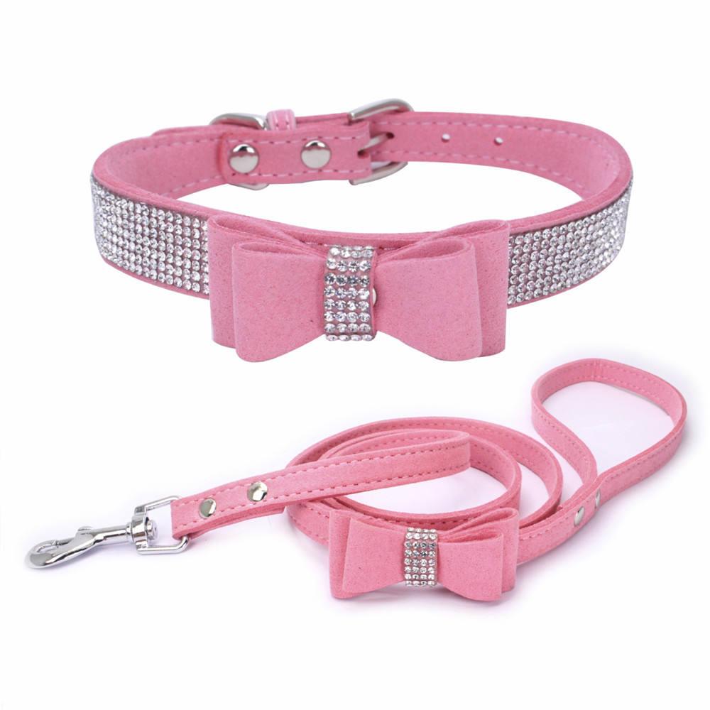 Suede Rhinestone Dog Collar Sparkly Crystal Bowknot Diamonds Dogs Cat Collars