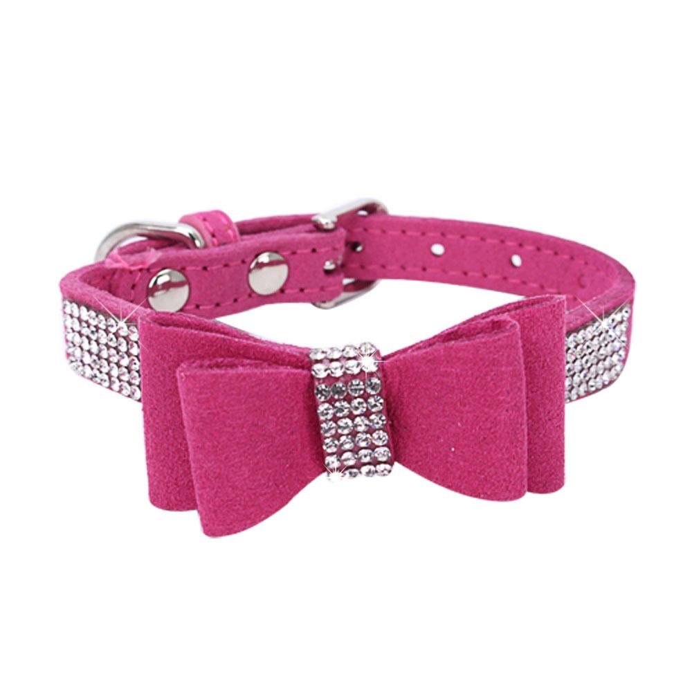 Suede Rhinestone Dog Collar Sparkly Crystal Bowknot Diamonds Dogs Cat Collars