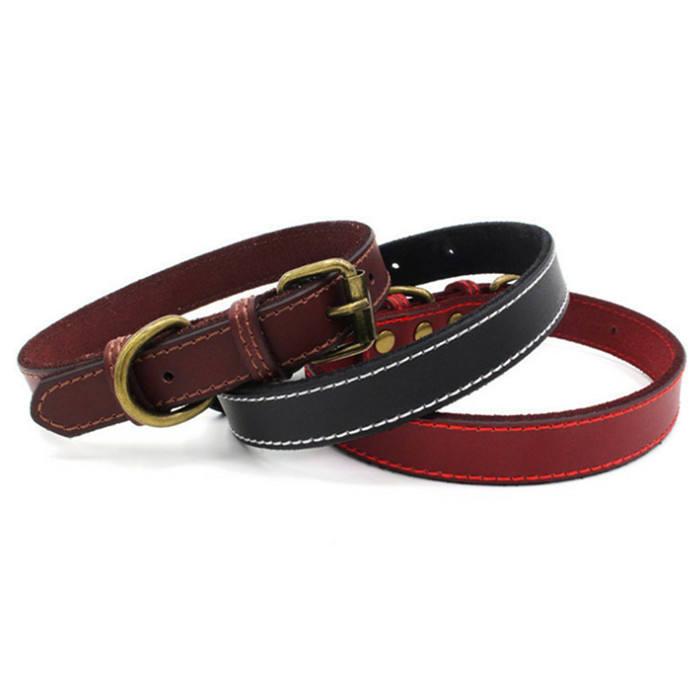 Rurable Soft Padded Genuine Leather Vintage Luxury Cowhide Solid Pet Dog Collar With Metal Buckle