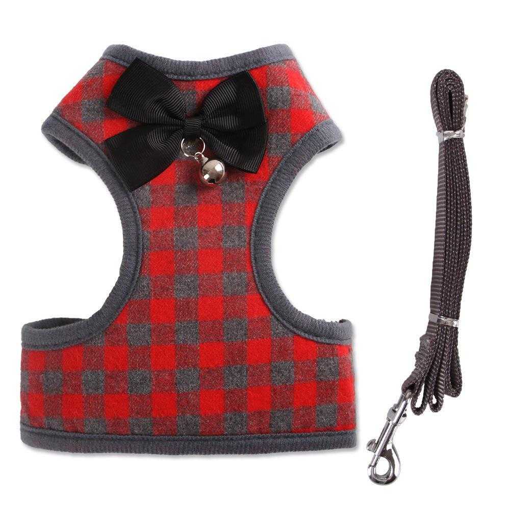Bowknot Nylon Padded Plaid Adjustable Small Dog Harness And Leash Set