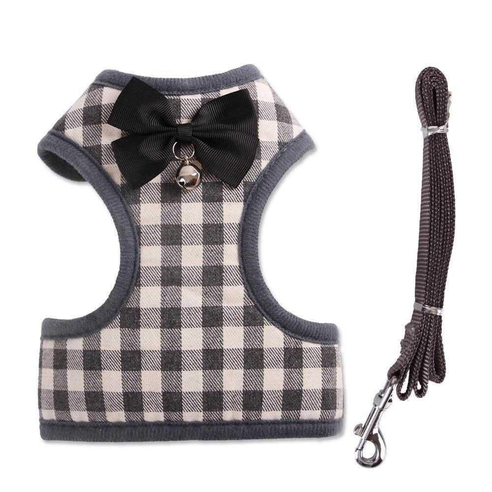 Bowknot Nylon Padded Plaid Adjustable Small Dog Harness And Leash Set