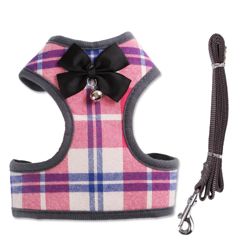 Bowknot Nylon Padded Plaid Adjustable Small Dog Harness And Leash Set