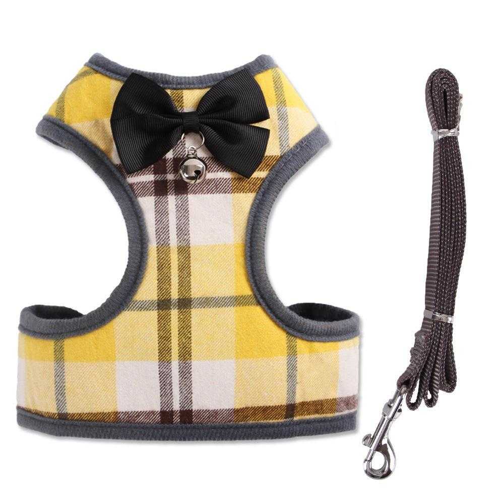 Bowknot Nylon Padded Plaid Adjustable Small Dog Harness And Leash Set