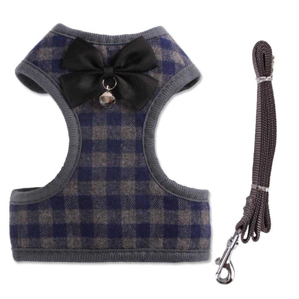Bowknot Nylon Padded Plaid Adjustable Small Dog Harness And Leash Set