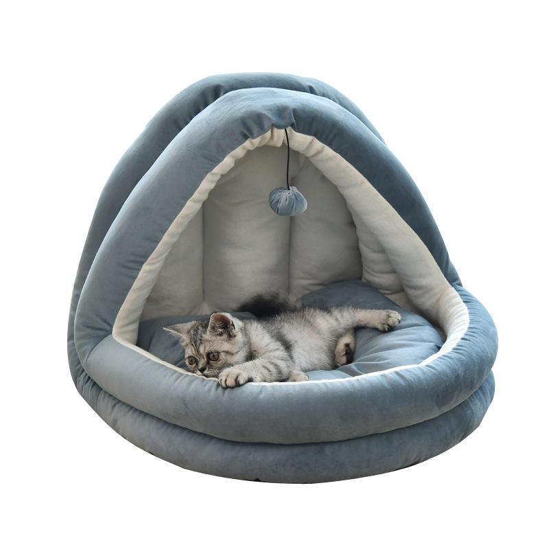 Cat Bed Kennel Comfortable Lying Mats Pet House Triangle Half Tent With Hanging Ball