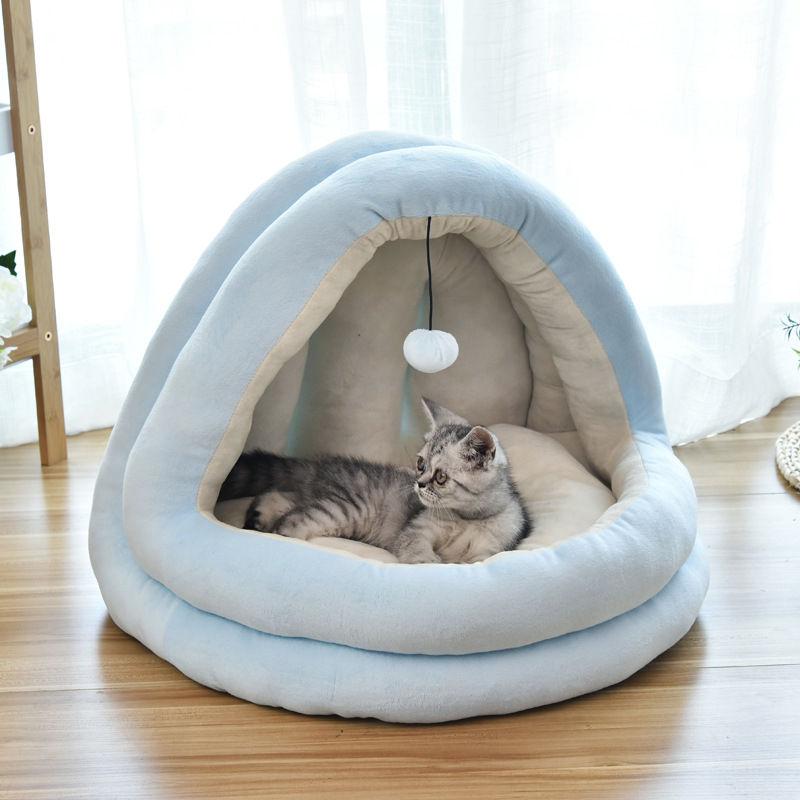 Cat Bed Kennel Comfortable Lying Mats Pet House Triangle Half Tent With Hanging Ball