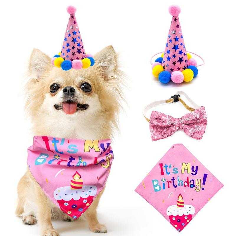 New Style Three-piece Set Pet Party Hat Accessories Happy Birthday Dog Bandana Dog Collar Bandanas