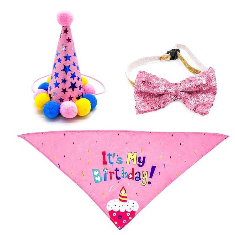 New Style Three-piece Set Pet Party Hat Accessories Happy Birthday Dog Bandana Dog Collar Bandanas