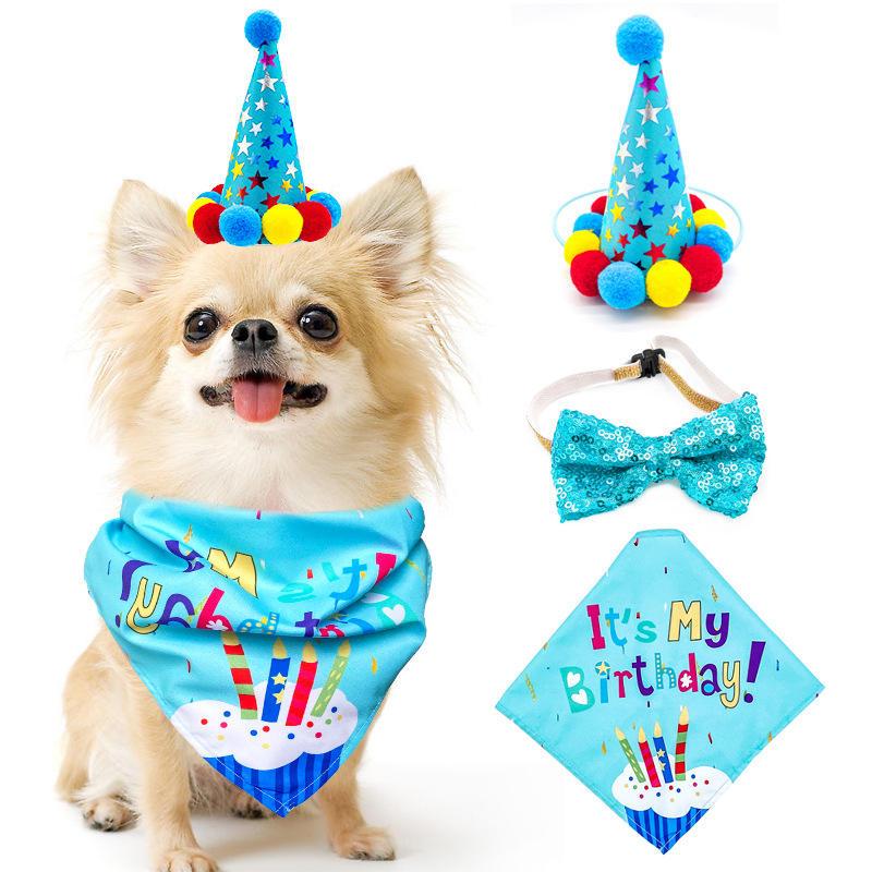 New Style Three-piece Set Pet Party Hat Accessories Happy Birthday Dog Bandana Dog Collar Bandanas
