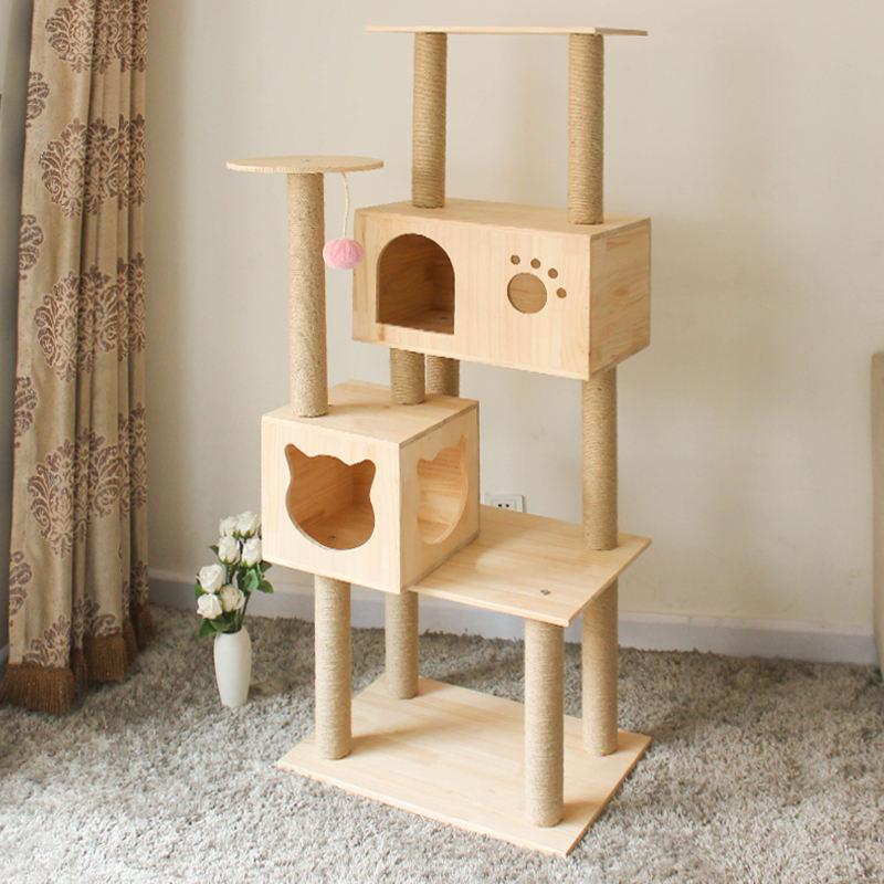 Manufacture Cat Scratcher Tree Solid Wood Tower Cat Climbing Frame With Ball And Mouse Cat Scratching Post With Bed
