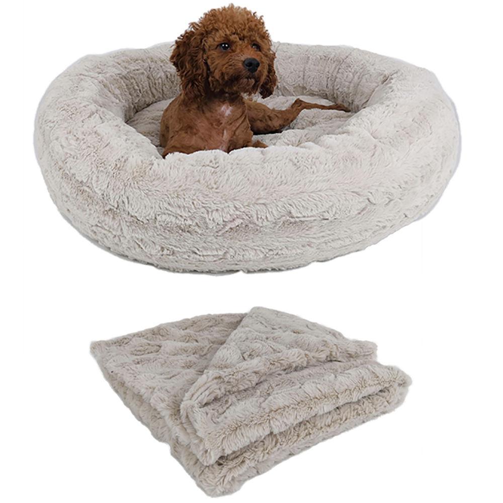 pet Soft Plush Fluffy Donut Round Customizable Dog Bed With Blanket