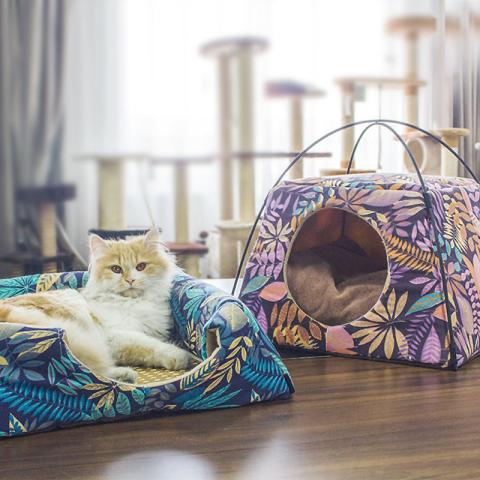 Cat House Leaves Pattern Creative Dual-use Cat Bed All Season Sleeping Bag For Cat Pet