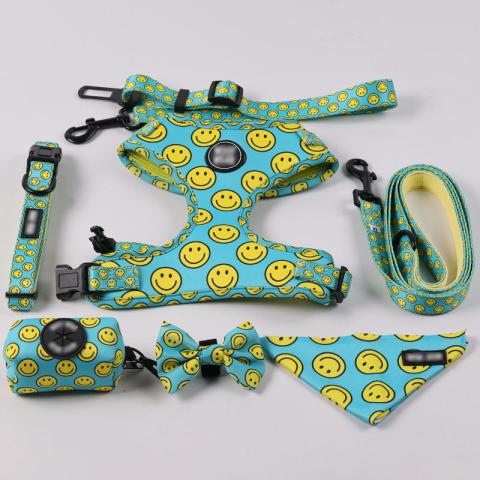  Adjustable Dog Harness Smile Face Design Soft Padded Dog Harness Quality Dog Accessories Collar Leash Bow Tie Bandana