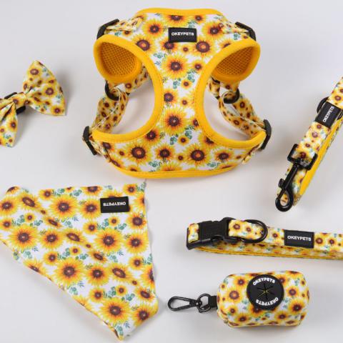 Top Quality Adjustable Custom Labels Small Puppy Dog Vest Harness Collar Leash Lead Poop Bag Holder Bandana Bow Tie Full Set