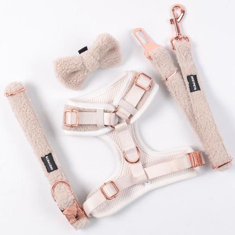 Sherpa Fabric Adjustable Thick Webbing Round Pvc Label Custom Logo Dog Harness Set With Leash Wholesale