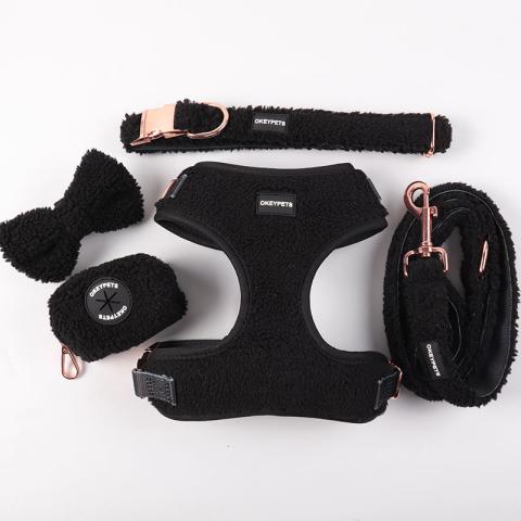 2023 Solid Colors Sherpa Luxury Cute Metal Accessories Quick Release Buckle Adjustable Dog Harness Collars Black