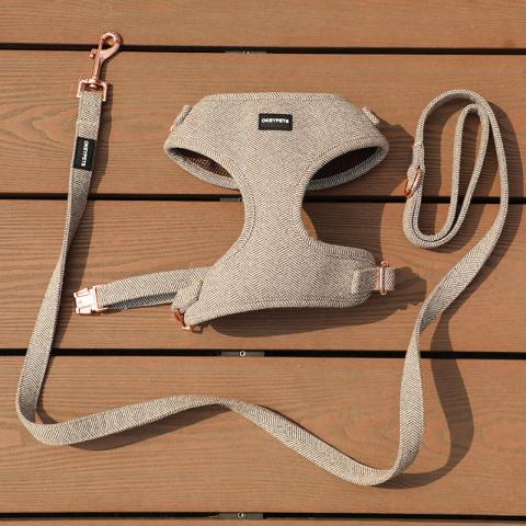 Tweed Twill Material High End	all Weather Mesh Metal Pet Accessories Puppy Dog Harness Brown 