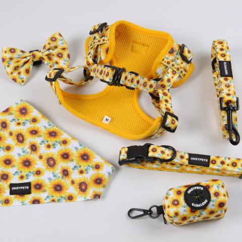 Customized Pattern Sunflower Harness Set Neoprene Adjustable Step In Small Medium Dog Leash Harness Set