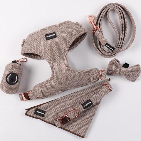 Luxury Tweed Brown Plain Outdoor Walking Pet Dog Harness Leash And Collar And Poop Bag Holder Set