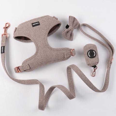 Personalized Color Blank Luxury Fashion Twill Tweed Dog Harness Leash Bow Tie Poop Bag Holder Harness For Pet Dog