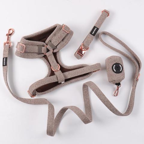 Brown Luxury Twill Herringbone Tweed Quick Release Neck Buckle Collar Lead Poop Bag Dispenser Holder Harness Vest