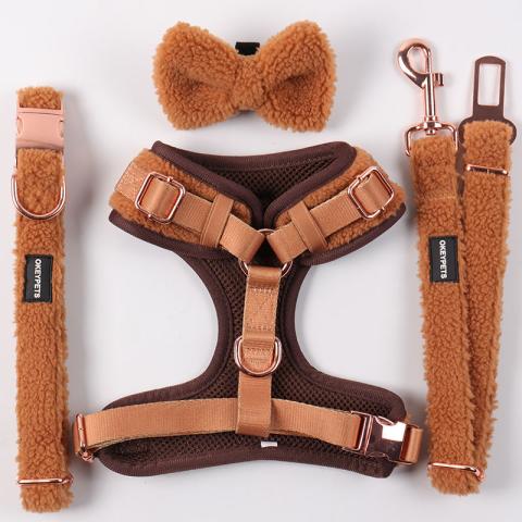 Custom Color Padded Mesh Pet Harness Vest Winter Warm Brown Adjustable Sherpa Dog Harness Collar Leash Set