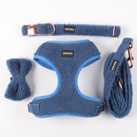 Classic Custom Color Padded Mesh Pet Vest Warm Blue Sherpa Dog Harness Leash Set For Winter