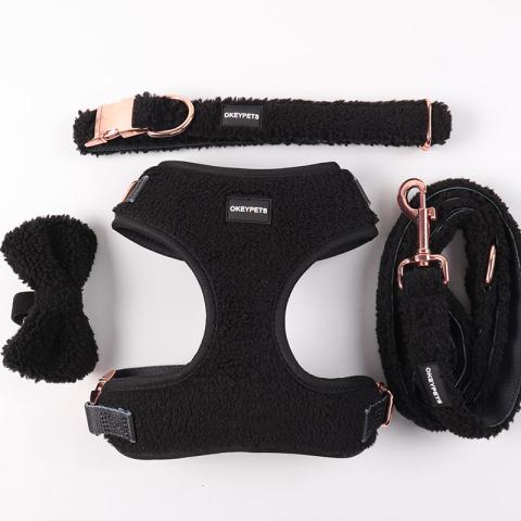 Custom Classic Solid Color Mesh Pet Vest Warm Black Sherpa Dog Harness Poop Bag Holder Leash Set For Winter