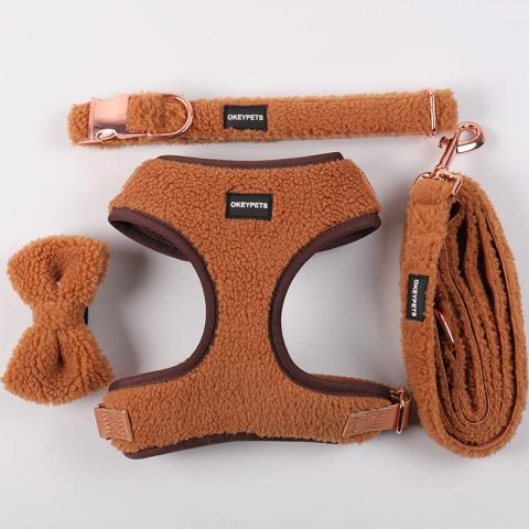 Custom Color Padded Mesh Pet Vest Comfort Brown Sherpa Dog Harness Collar Leash Set For Winter