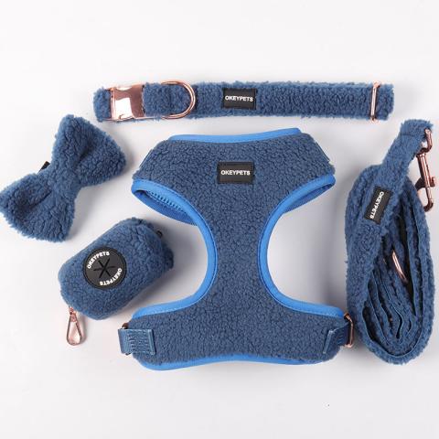 Custom Color Padded Mesh Pet Vest Warm Blue Sherpa Adjustable Dog Harness Collar Leash Set For Winter