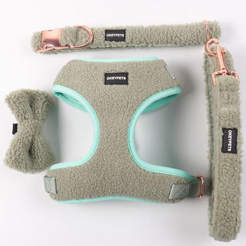 Custom Color Padded Mesh Pet Vest Comfort Green Sherpa Dog Harness Poop Bag Holder Leash Set For Winter