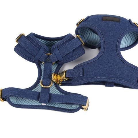 Custom Brand Logo Comfortable Breathable Winter No Pull Neoprene Dog Harness Cute Denim Fabric Dog Harness