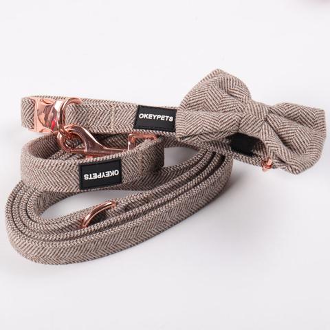  Oem Factory Solid Color Brown Cotton Twill Tweed Custom Durable Pet Dog Collar Leash Adjustable Dog Collar