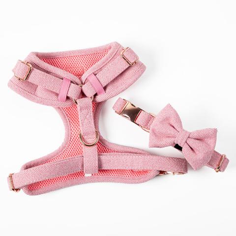  Plain Blank Twill Tweed Pet Harness Luxury Dog Collar Leash Bowtie Set For Dogs And Cats