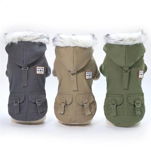 Ropa De Mascotas Fur Hoodie Thicken Double Pocket Industrial Style Warm Dog Jacket Coat Costume Winter Dog Clothes