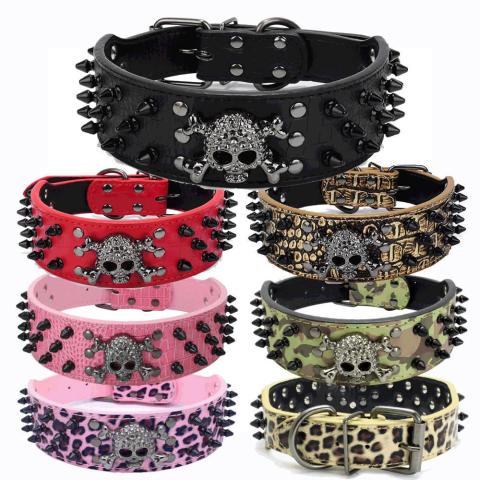 2 Inch Wide Spiked Studded Skull Pu Leather Large Dog Collars