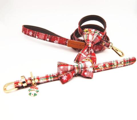 Christmas Pet Dog Leash With Bow Dog Collar Fabric Dog Chain