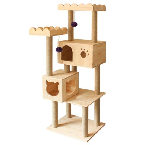 Manufacture Cat Scratcher Tree Solid Wood Tower Cat Climbing Frame With Ball And Mouse Cat Scratching Post With Bed
